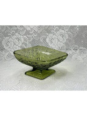 Vintage Green Indiana Glass Daisy Floral Candy Dish, Diamond Shaped Dish
